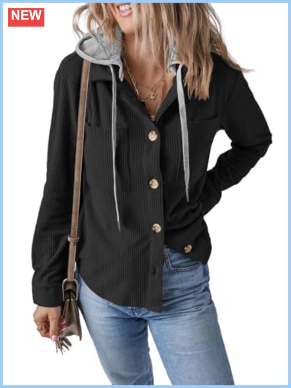 Women Long Sleeve Corduroy Shacket Jacket Button Down Hooded Coat